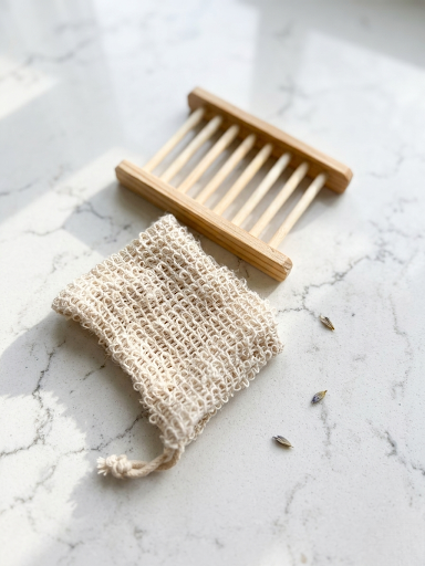 Bamboo Stand and Soap Exfoliation Pouch